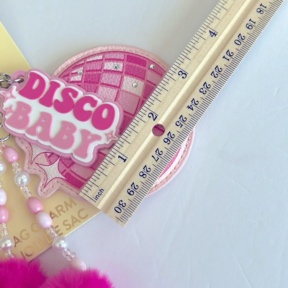 Pink Disco Baby pop art Handbag Charm/Keychain with furry Pom Poms